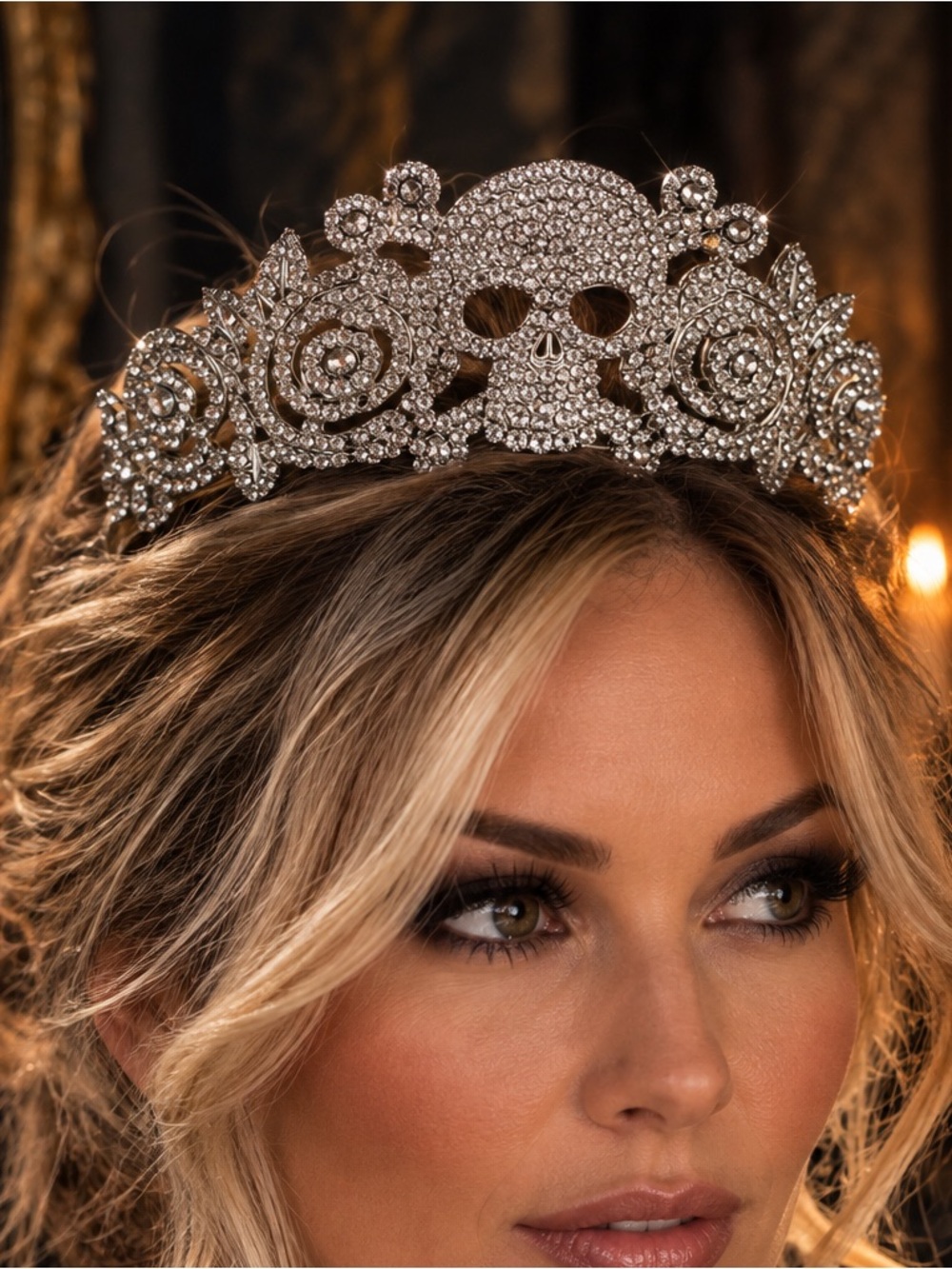 Silver Skull and Floral Tiara, clear gems, silver coloured mount